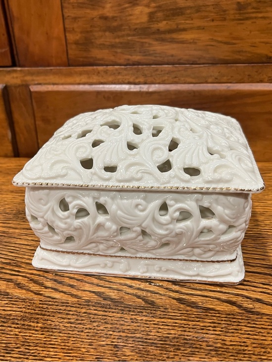 Other - Vintage Ornate White Porcelain Decorative Box – Pierced Floral Scroll Design